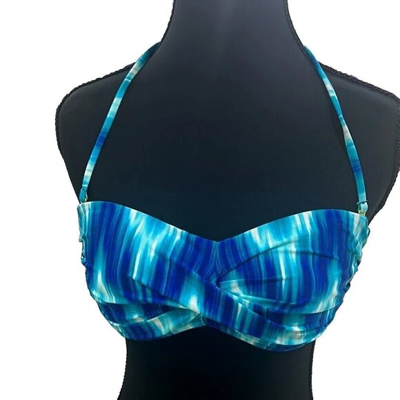 La Blanca Twist Front Bikini Top Small Blue White Convertible Halter Swim - Picture 3 of 12